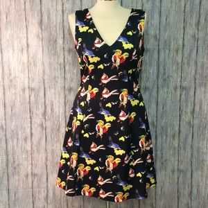 Crock Shop dress birds pockets blue yellow v neck